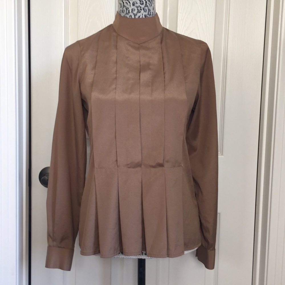 Vintage Long Sleeve High Neck Peplum Pleated Front Satin Finish Blouse